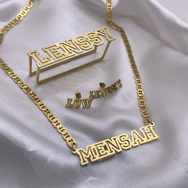 Hollow Letter Nameplate Jewelry Set Personalized Name Necklace Ring and Stud Earrings-silviax