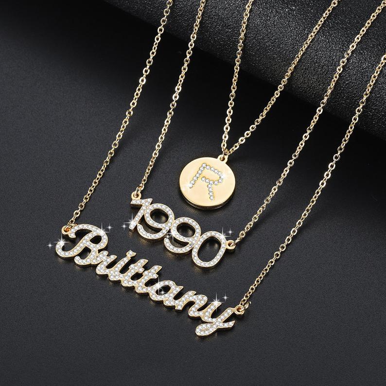 Triple Chain Custom Name Birthday Year Initials Gold Plated Diamonds Necklace-silviax
