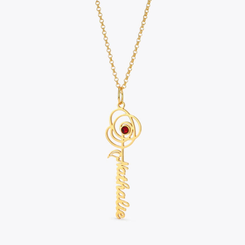 Flower Vertical Pendant With Birthstone Personalized Custom Name Necklace Mother Gift-silviax