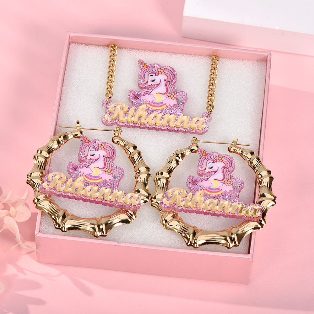 Pink Acrylic Unicorn Nameplate Jewelry Set Personalized Name Necklace and Bamboo Earrings-silviax