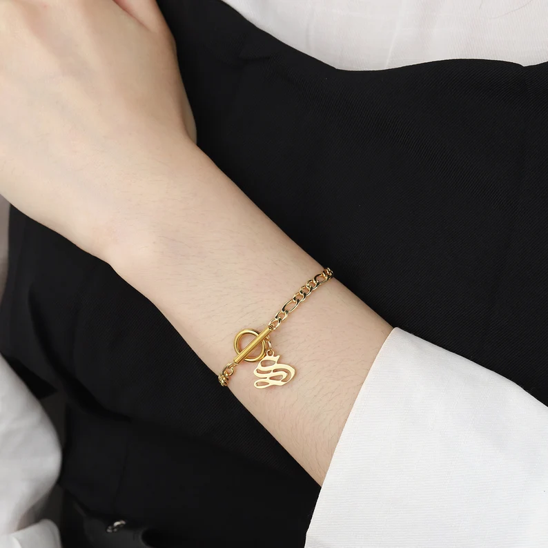 Personalized Gold Plated Gothic A-Z Letter Pendant Initial Bracelet-silviax