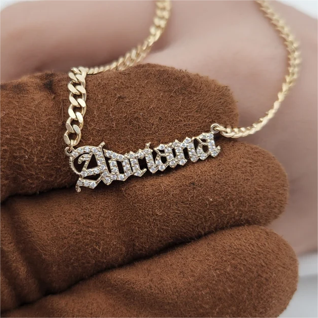 Curb Chain Old English Font Custom Personalized Zircon Name Necklace-silviax