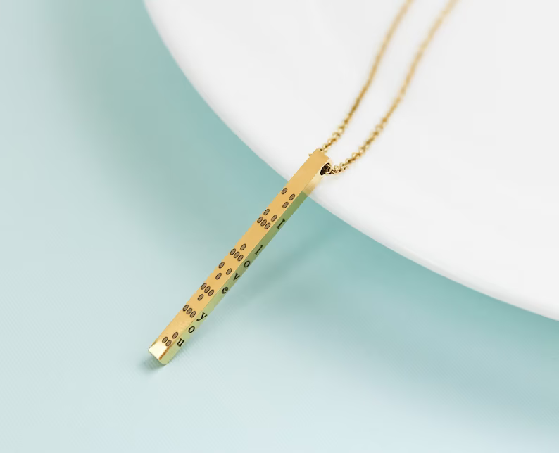 Personalized Custom Bar Braille Engraved Name Necklace Gold Plated