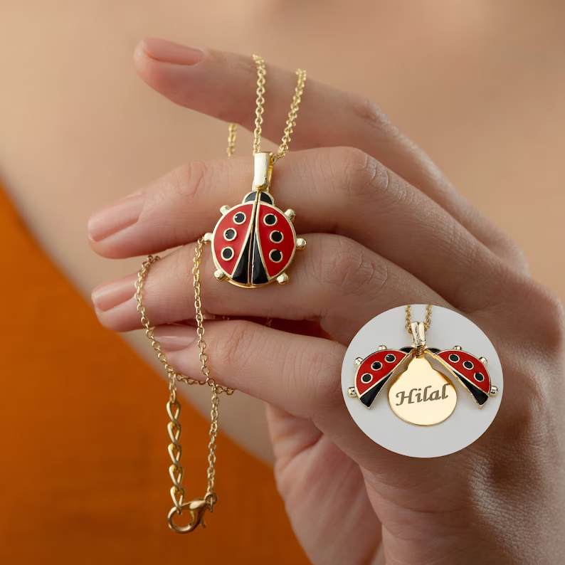 Ladybug Pendant Personalized Custom Gold Plated Openable Lucky Name Necklace Gift For Women-silviax