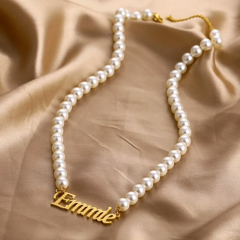 Pearl Chain Personalized Custom Gold Plated Name Necklace-silviax