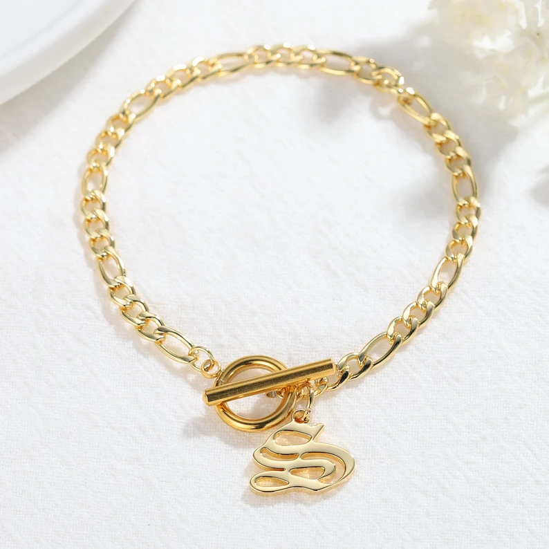 Personalized Gold Plated Gothic A-Z Letter Pendant Initial Bracelet-silviax