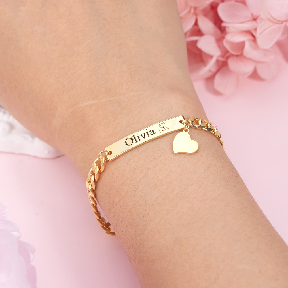Personalized Crown and Teddy Nameplate Necklace and Heart Pendant Engraved Bar Name Bracelet Set-silviax