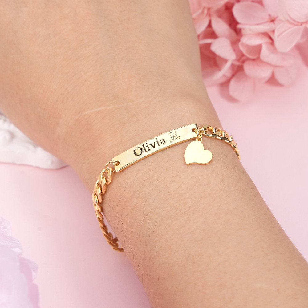 Personalized Crown and Teddy Nameplate Necklace and Heart Pendant Engraved Bar Name Bracelet Set-silviax