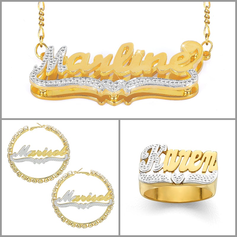 Two Tone Love Heart Ring Earrings and Double Layer 3D Name Necklace Set Personalized Custom Gold Plated-silviax