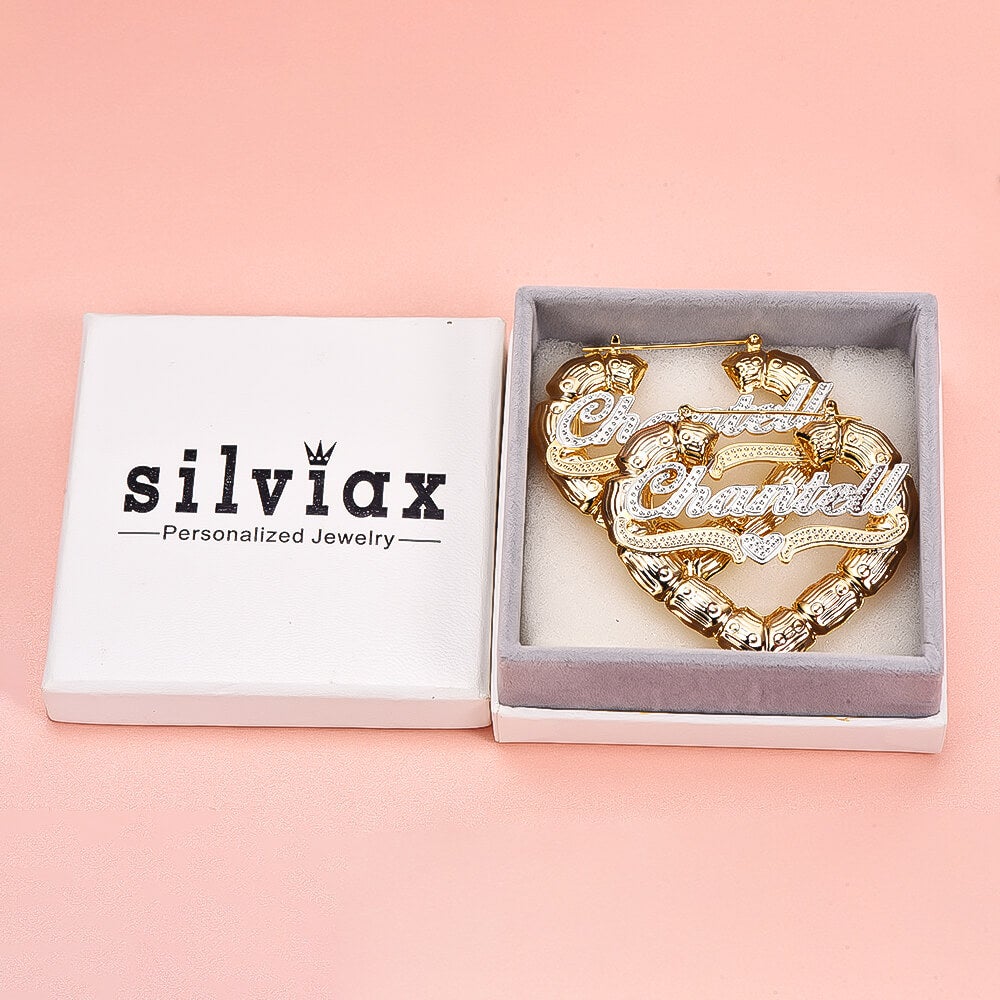 Two Tone Heart Personalized Custom Heart Shaped Bamboo Hoop Gold Plated Name Earrings-silviax