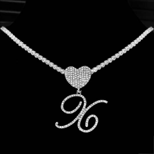 Personalized Iced Out Cursive Initial Pendant Tennis Chain with Heart
