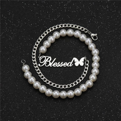 Butterfly Nameplate Pendant with Cuban Chain And Pearl Chain Personalized Custom White Gold Name Necklace-silviax