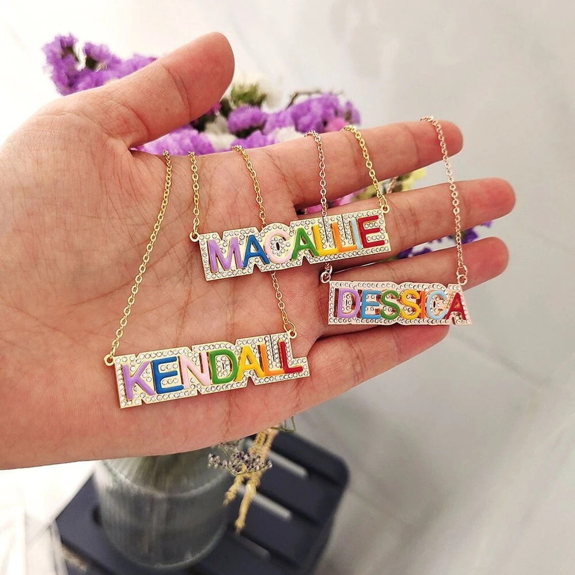 Personalized Gold Plated Colorful Enamel Outline Pave Name Necklace-silviax