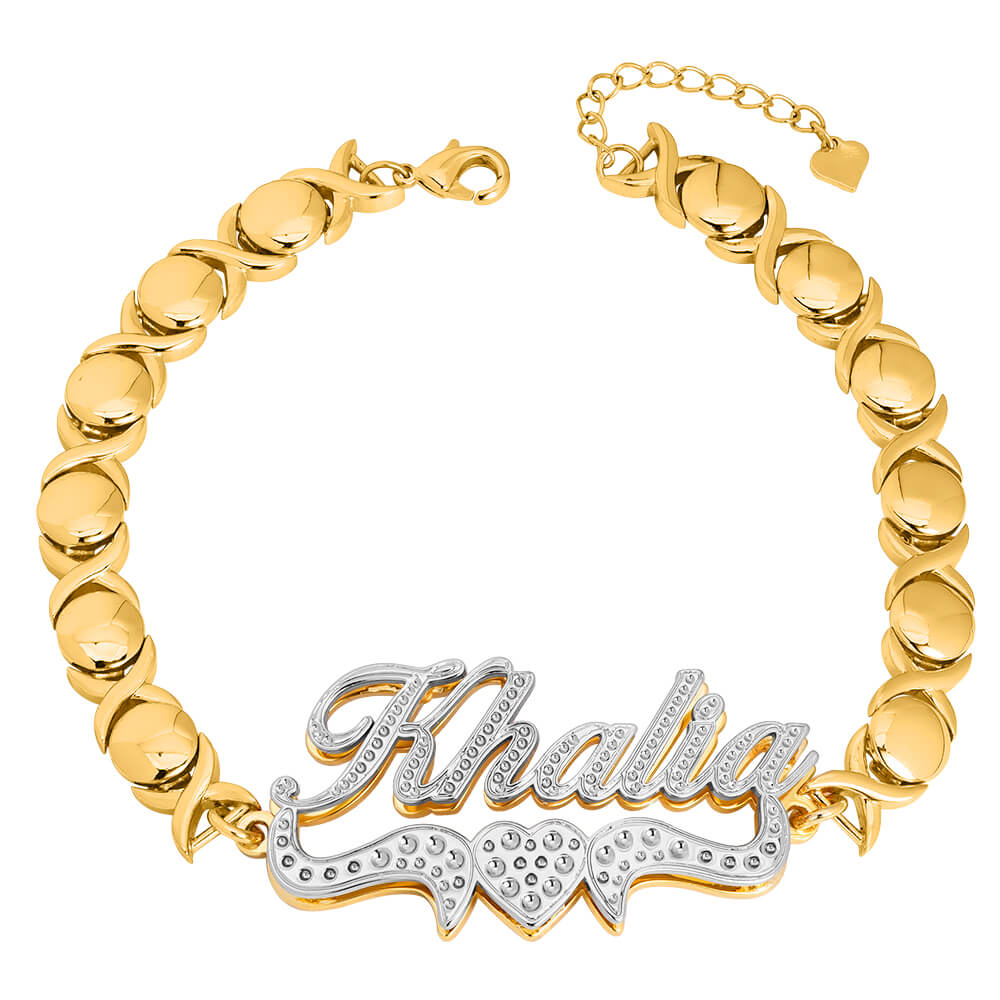 Double Layer Two Tone Heart Nameplate with XOXO Chain Personalized Custom Gold Plated Name Bracelet-silviax