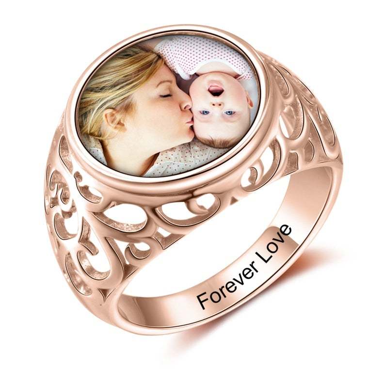 Round Photo Engraved Name Personalized Custom Gold Plated Photo Ring-silviax