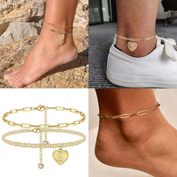 Personalized Double Layer Engraved Letter Initial Heart Anklets with Link Chain-silviax