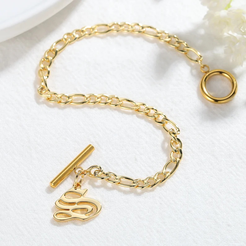 Personalized Gold Plated Gothic A-Z Letter Pendant Initial Bracelet-silviax
