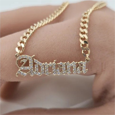 Curb Chain Old English Font Custom Personalized Zircon Name Necklace-silviax