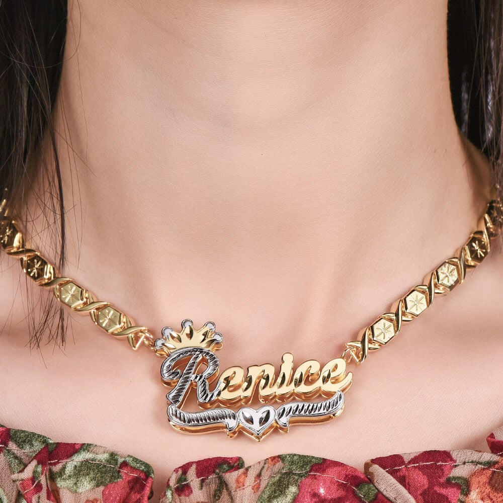 Double Layer Two Tone Crown xoxo Chain Personalized Custom Gold Plated Name Necklace-silviax