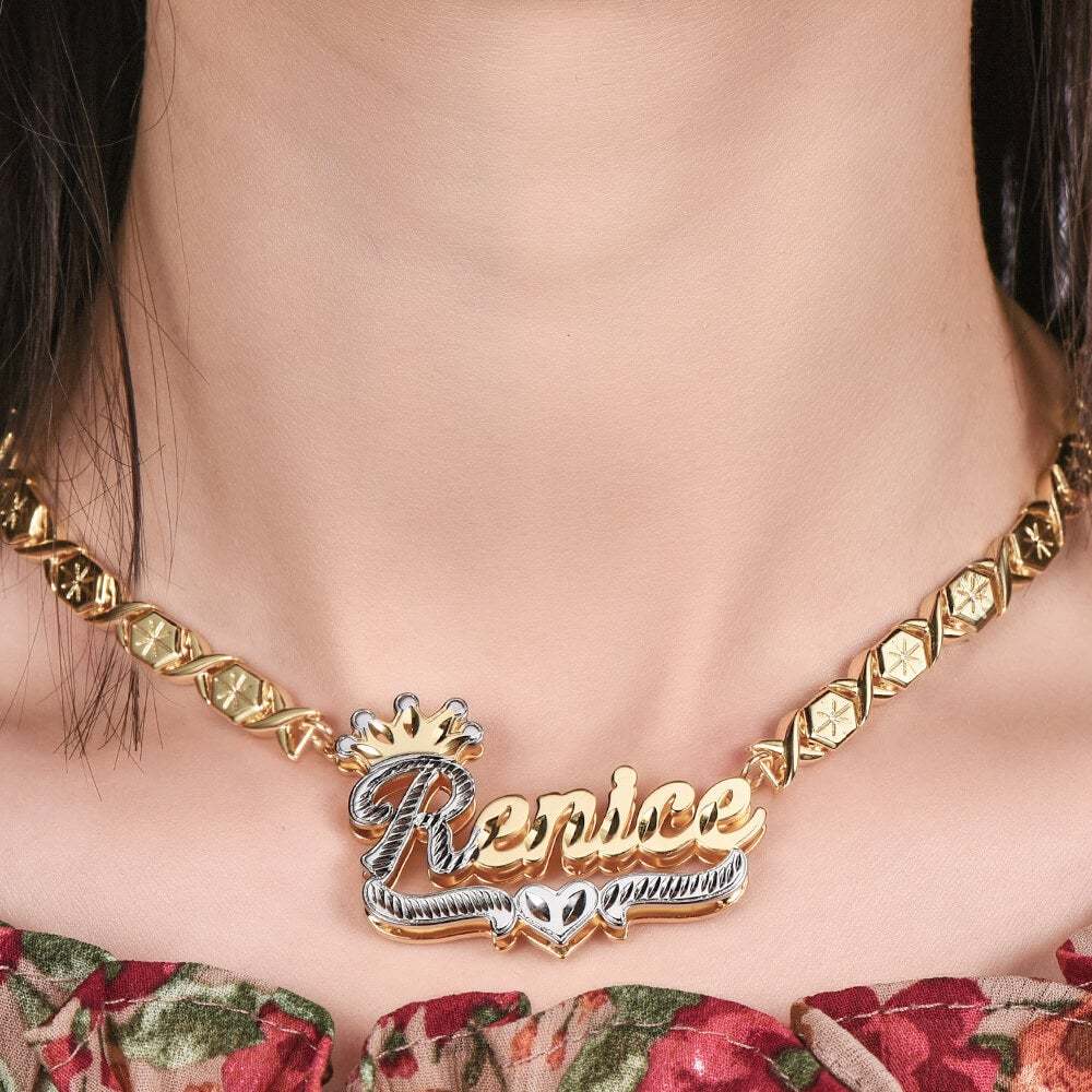 Double Layer Two Tone Crown xoxo Chain Personalized Custom Gold Plated Name Necklace-silviax