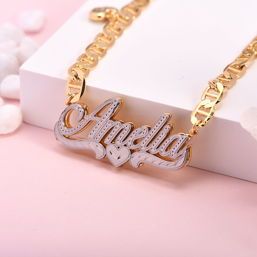 Mariner Chain with Heart Personalized Double Plated Heart Nameplate Necklace-silviax