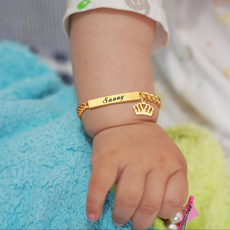 Customized Gold Plated Name ID Bracelet with Crown Newborn Gifts-silviax