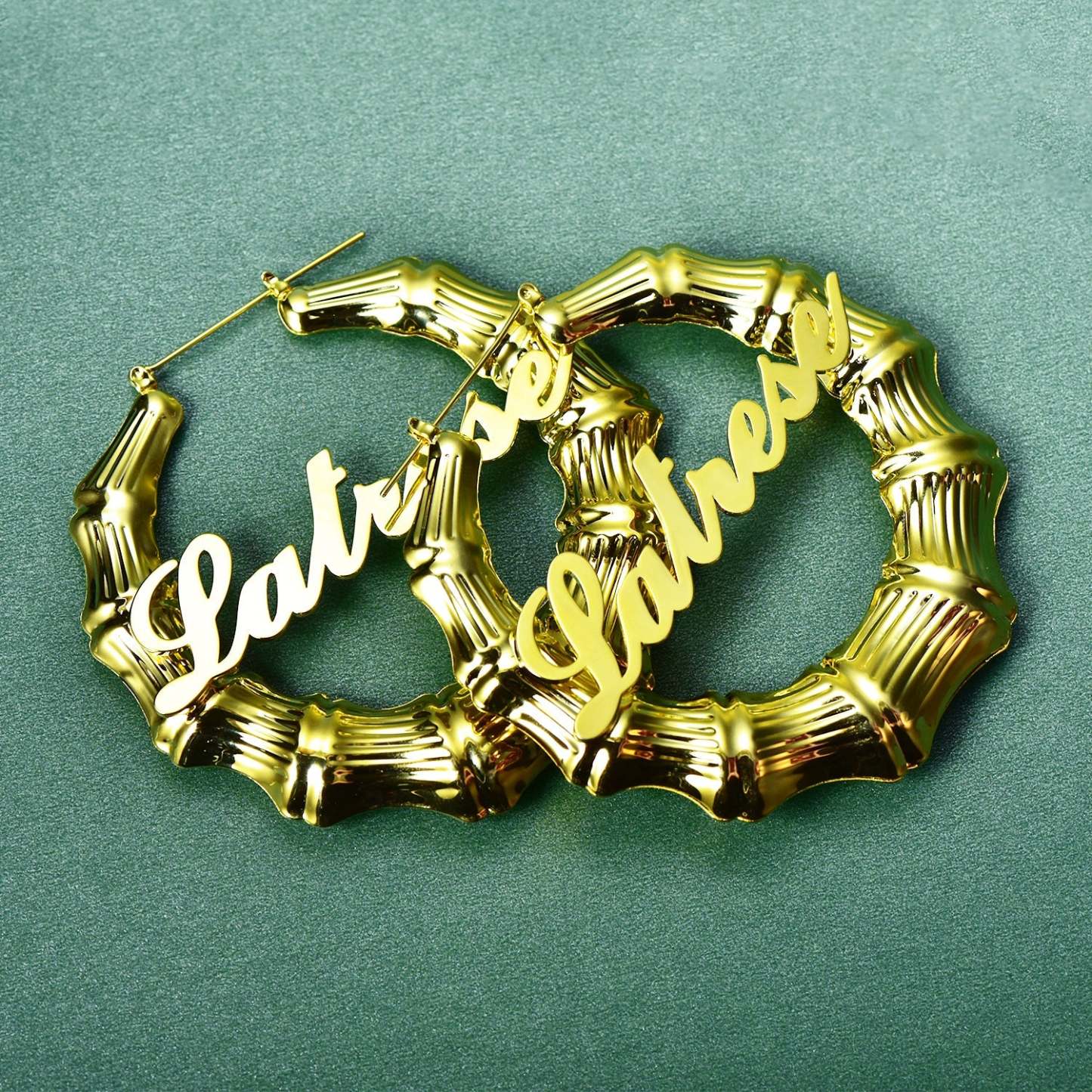 Gold Plated Personalized Custom Bamboo Hoop Name Earrings-silviax