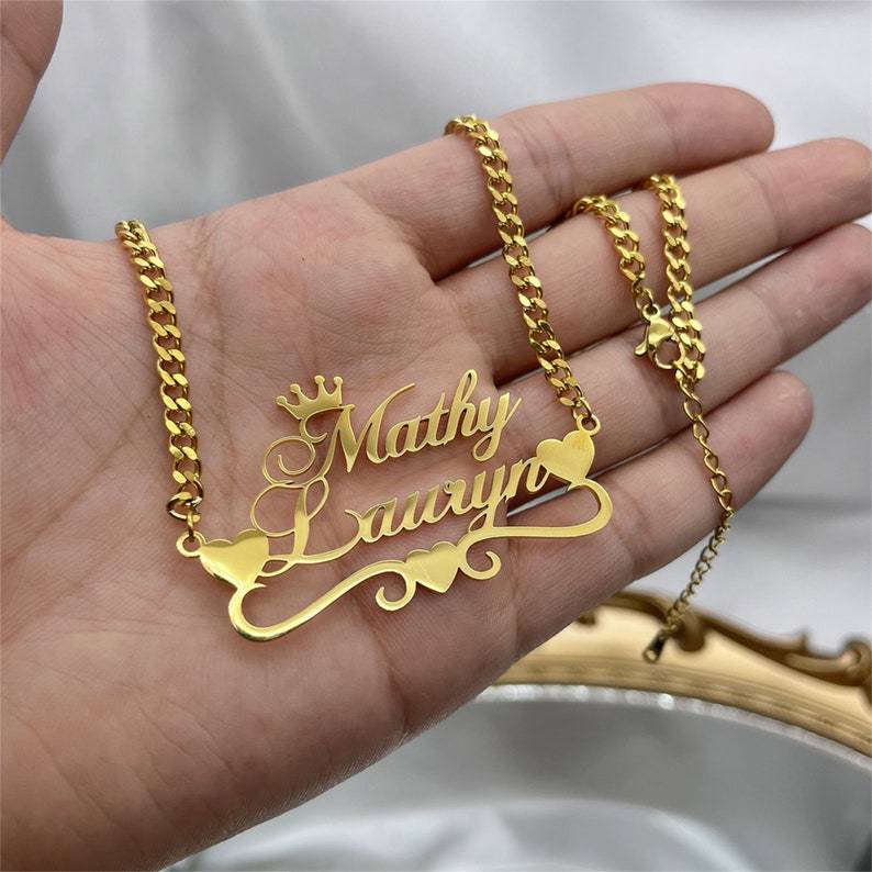 Three Heart and Crown Two Name Pendant Personalized Name Necklace-silviax