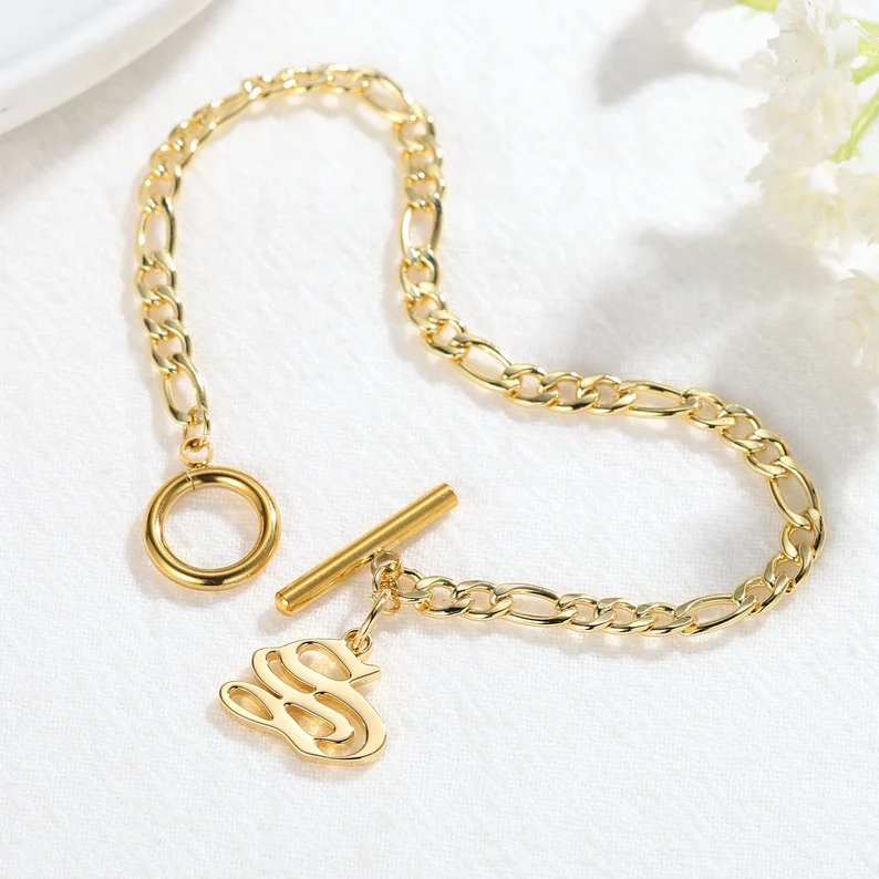Personalized Gold Plated Gothic A-Z Letter Pendant Initial Bracelet-silviax