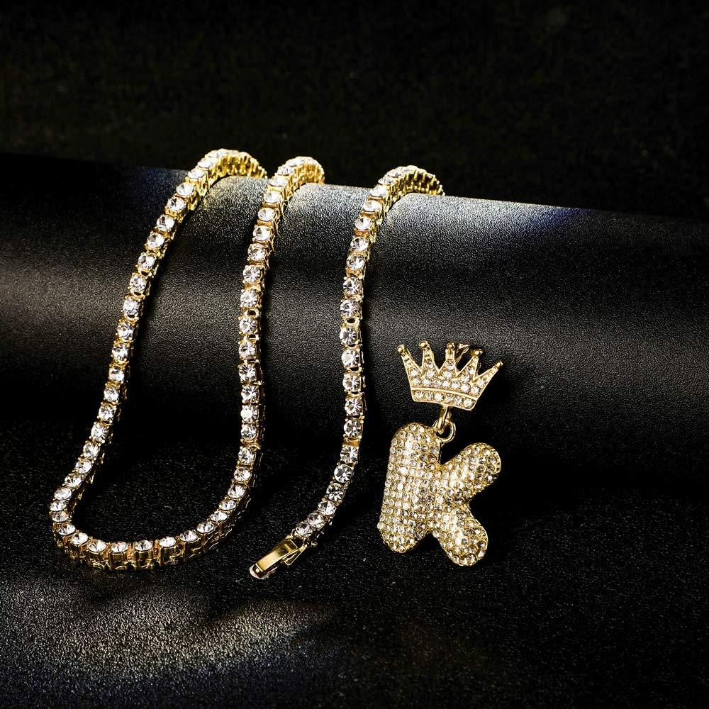 Tennis Chain Crown Letter Pendant Hip Hop Style Custom Initial Necklace Gold Plated-silviax