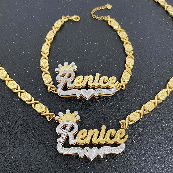 Double Layer Two Tone Crown Heart with XOXO Chain Personalized Custom Gold Plated Name Necklace And Bracelet Set-silviax
