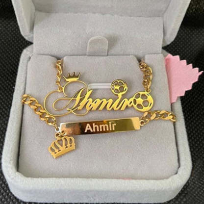 Sport Jewelry Set for Boy Personalized Football Name Necklace and Crown Bar Bracelet Set-silviax