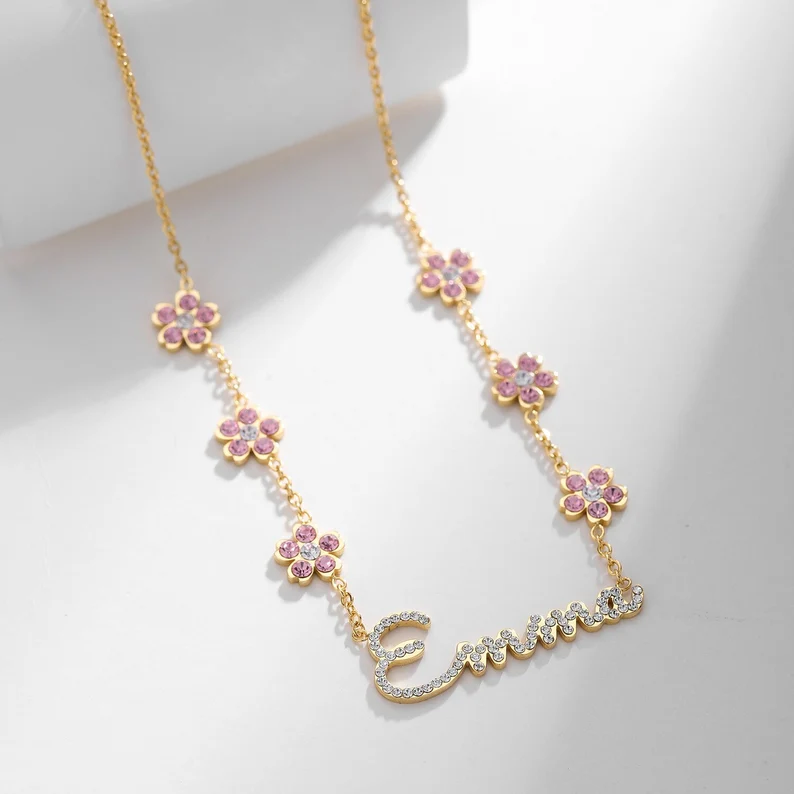 Crystal Nameplate Flower Pendant Personalized Custom White Gold Name Necklace-silviax