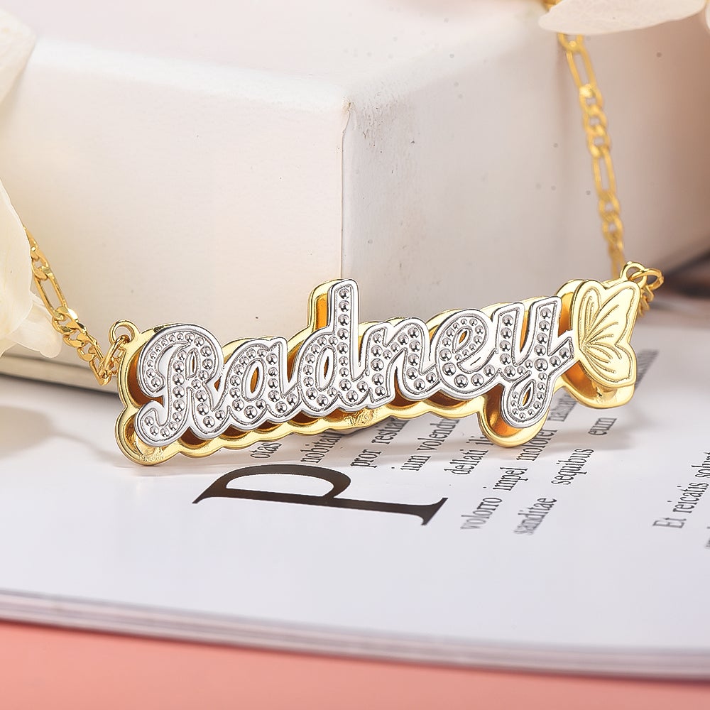 Butterfly Double Plate Two-tone Personalized Custom Gold Plated Name Necklace-silviax