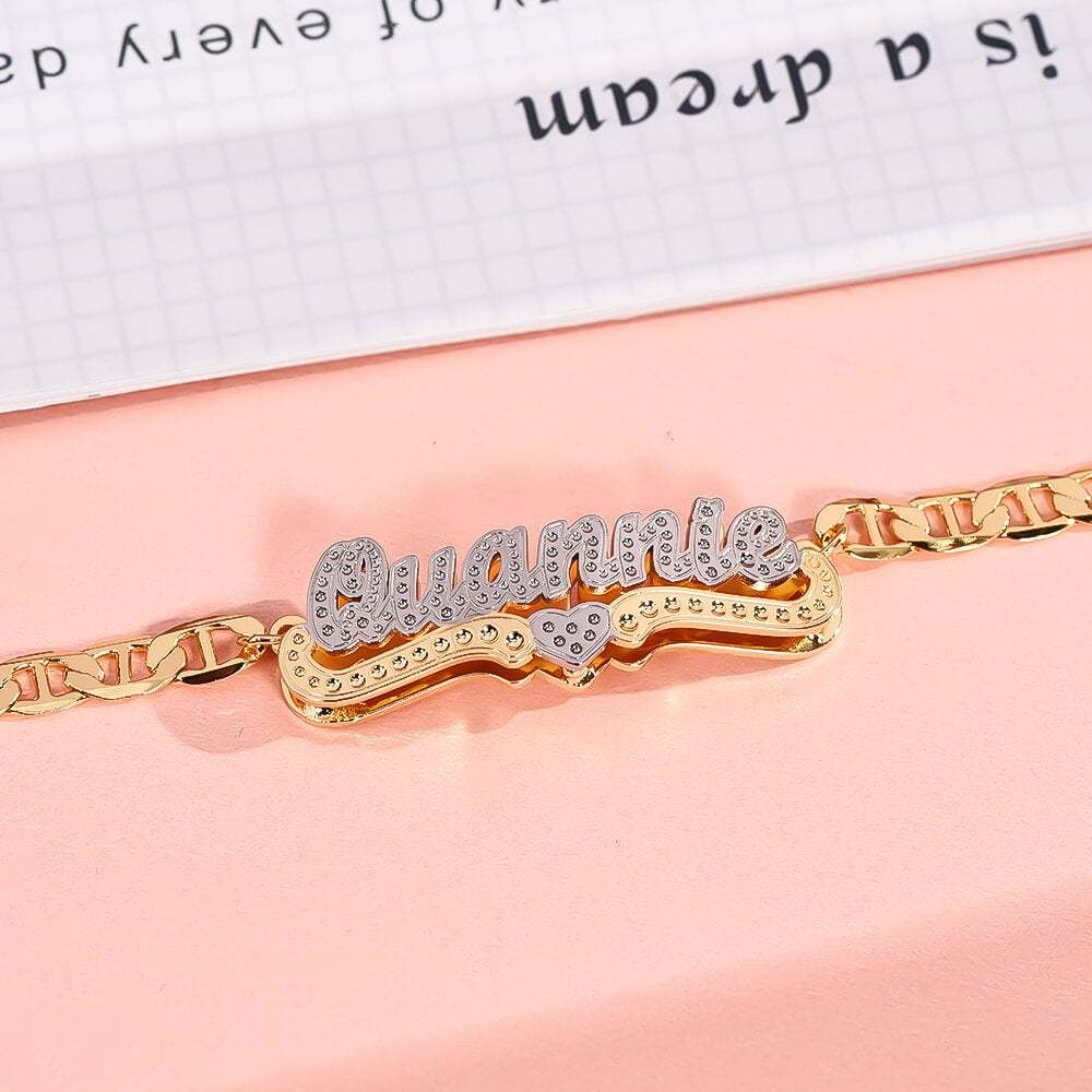 Double Layer Two Tone With Heart Personalized Custom Gold Plated Name Necklace Bracelet Set-silviax