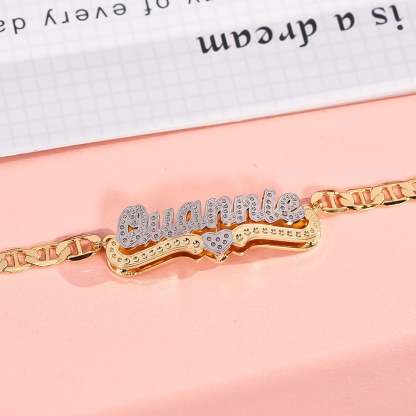 Double Layer Two Tone With Heart Personalized Custom Gold Plated Name Necklace Bracelet Set-silviax