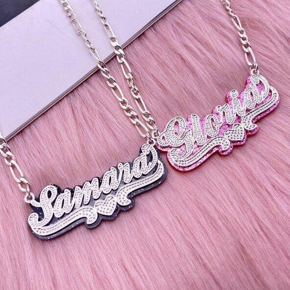 Double Layer Acrylic White Gold Nameplate with Heart Personalized Custom Name Necklace-silviax