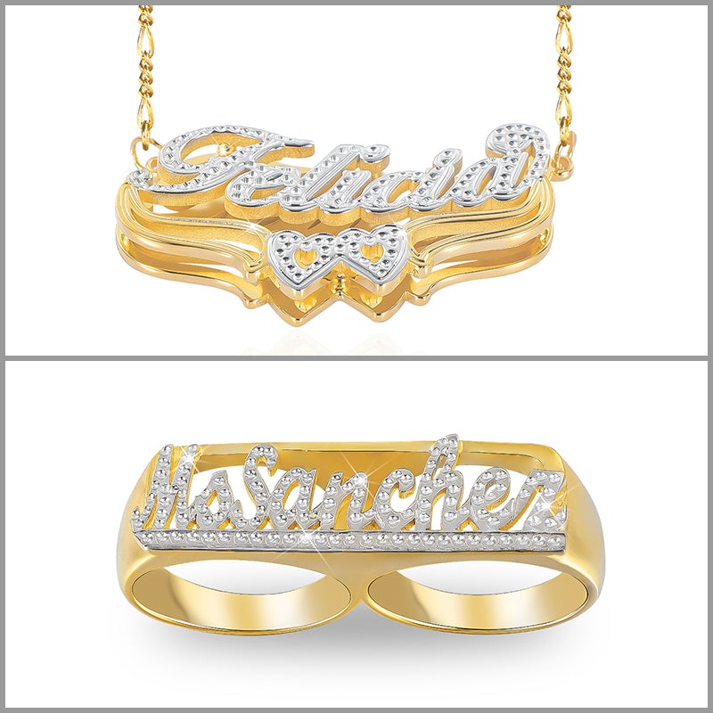 Two-tone Personalized Custom Two Finger Name Ring and Double Layer 3D Name Necklace Set-silviax