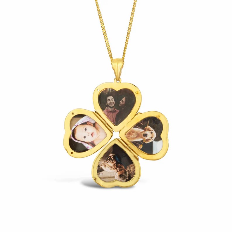 Personalized Gold Plated Four Picture Heart Locket Custom Photo Necklace Anniversary Gift