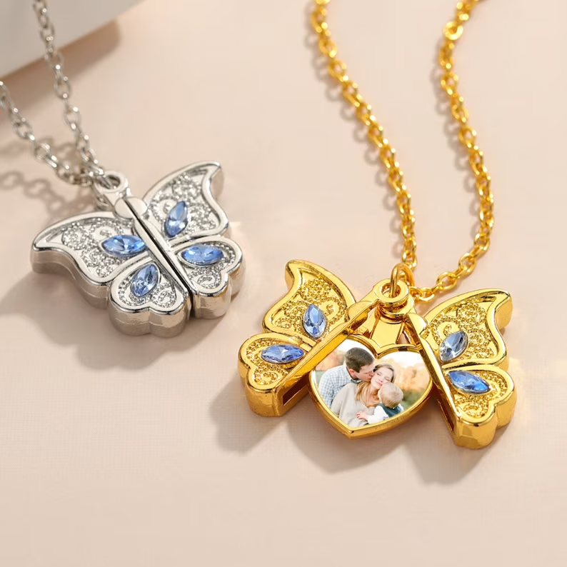 Personalized Custom Gold Plated Butterfly Locket Necklace with Photo-silviax
