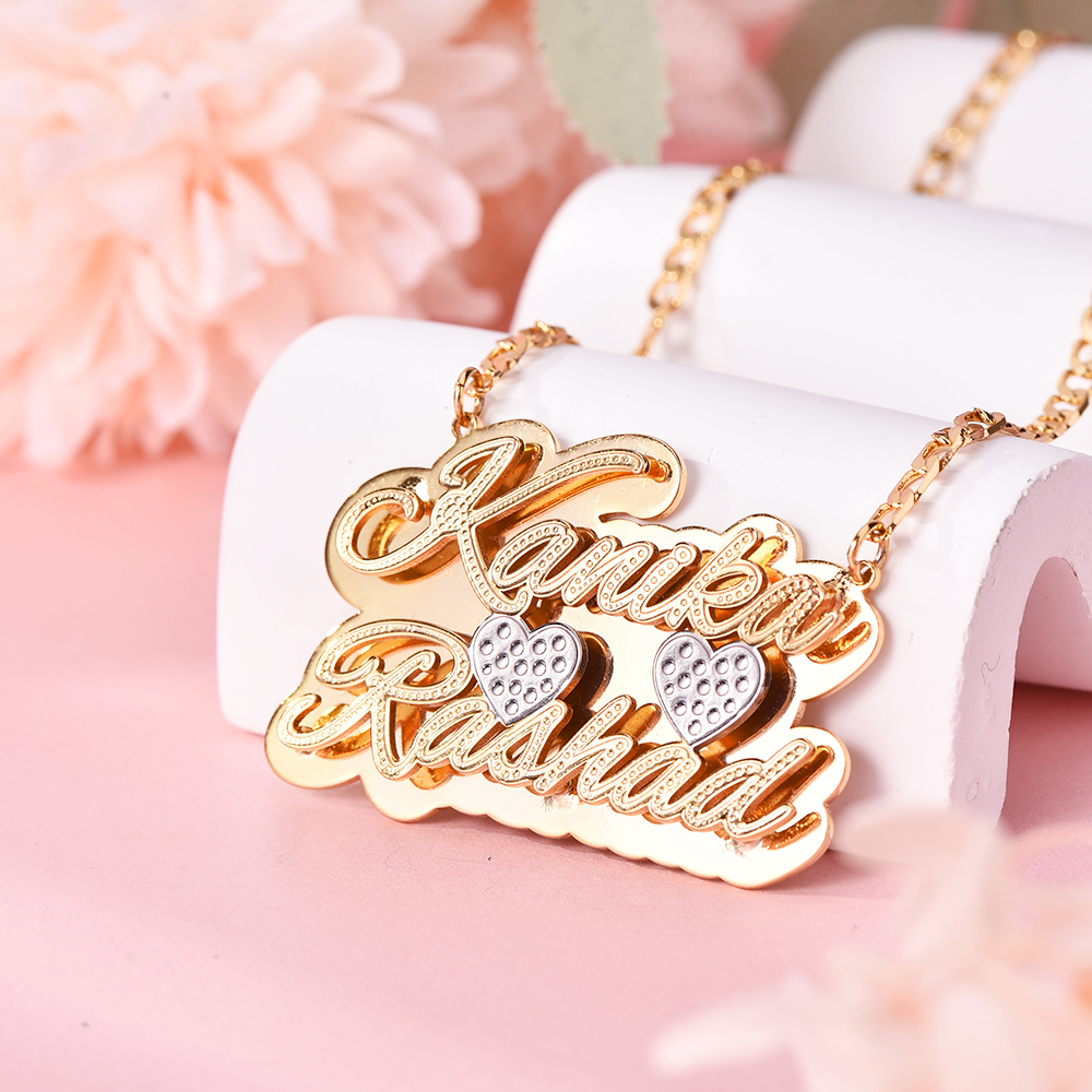 Double Plate Two Tone with Two Hearts Personalized Custom Gold Plated Two Names Necklace-silviax
