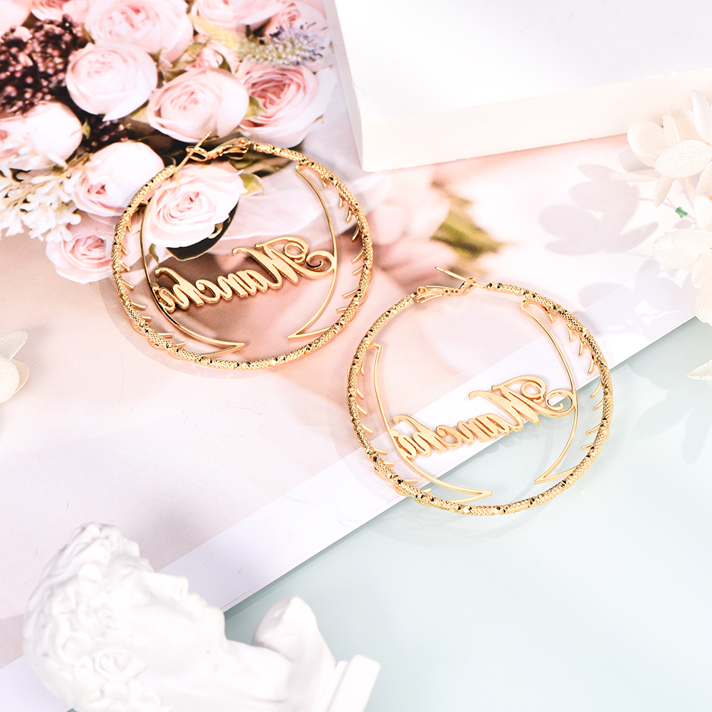 Angel Wings Hoop Earrings Personalised Custom Gold Plated Name Earrings Women Earrings-silviax