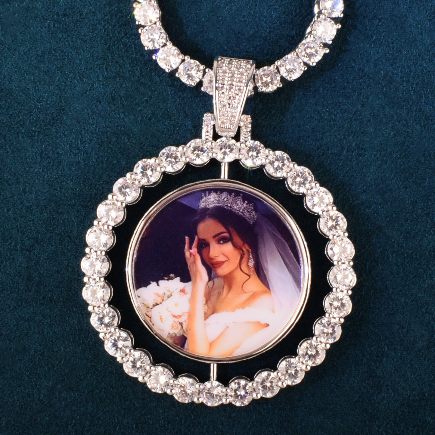 Tennis Chian Double Side Rotating Round Personalized Custom Photo Pendant Necklace-silviax