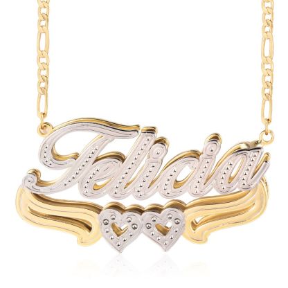 Two Tone Gold Plated Personalized Hollow Heart Double Plate 3D Name Necklace-silviax