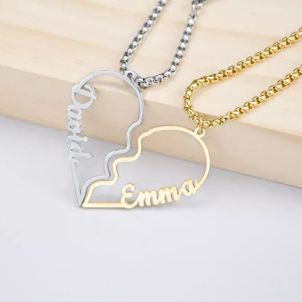 Two Tone Heart Nameplate Pendant Personalized Custom Gold Plated Name Necklace Couple Gift