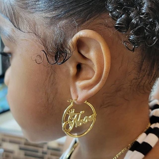 thumbnail image 2 of Personalized 14K Gold Plated 2.5 Inch Round Hoop Name Earrings - Any Name Up To 9 Letters 2 of 5