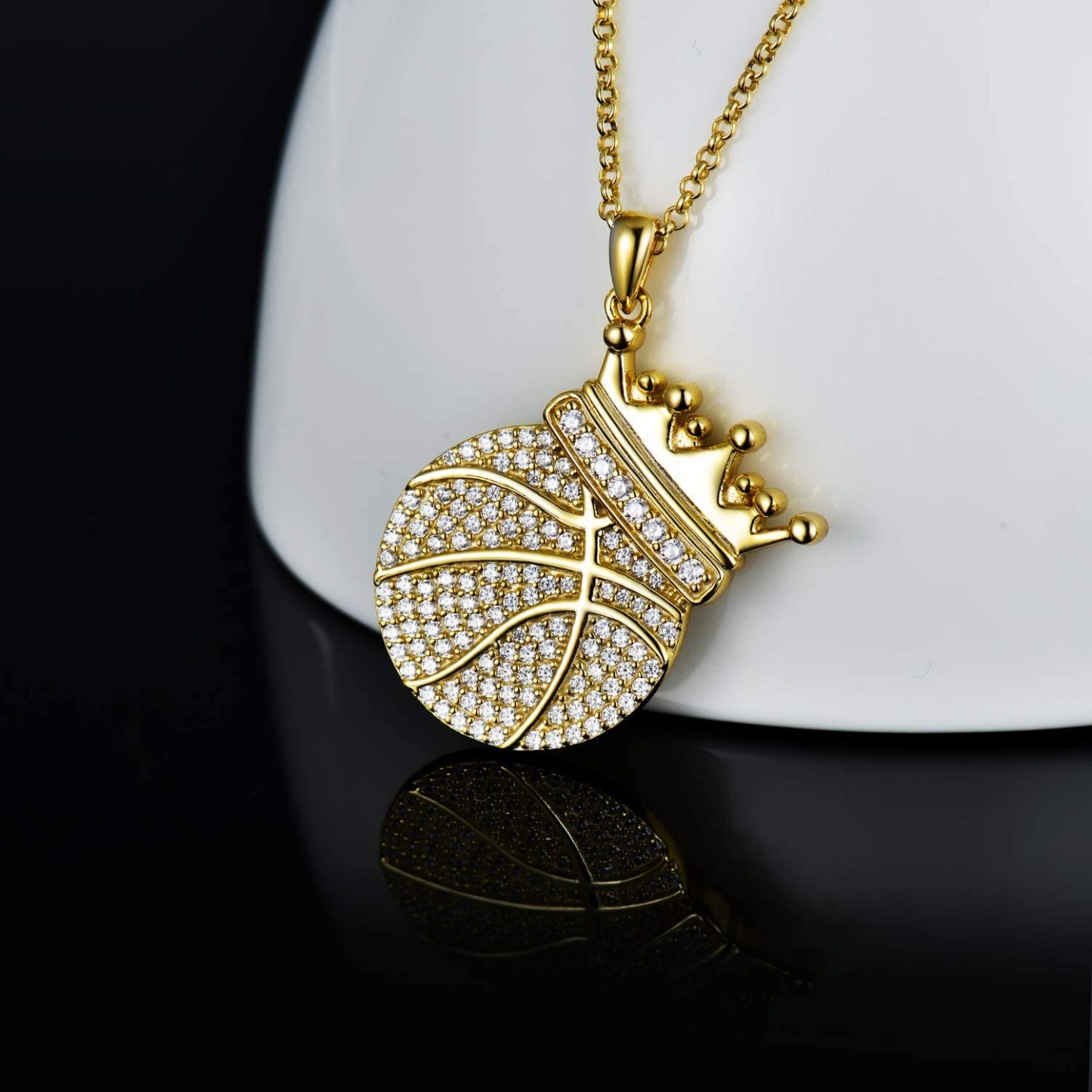 Crown Basketball Pendant Gold Plated Necklace Hip Hop Sport Style for Boy Men-silviax
