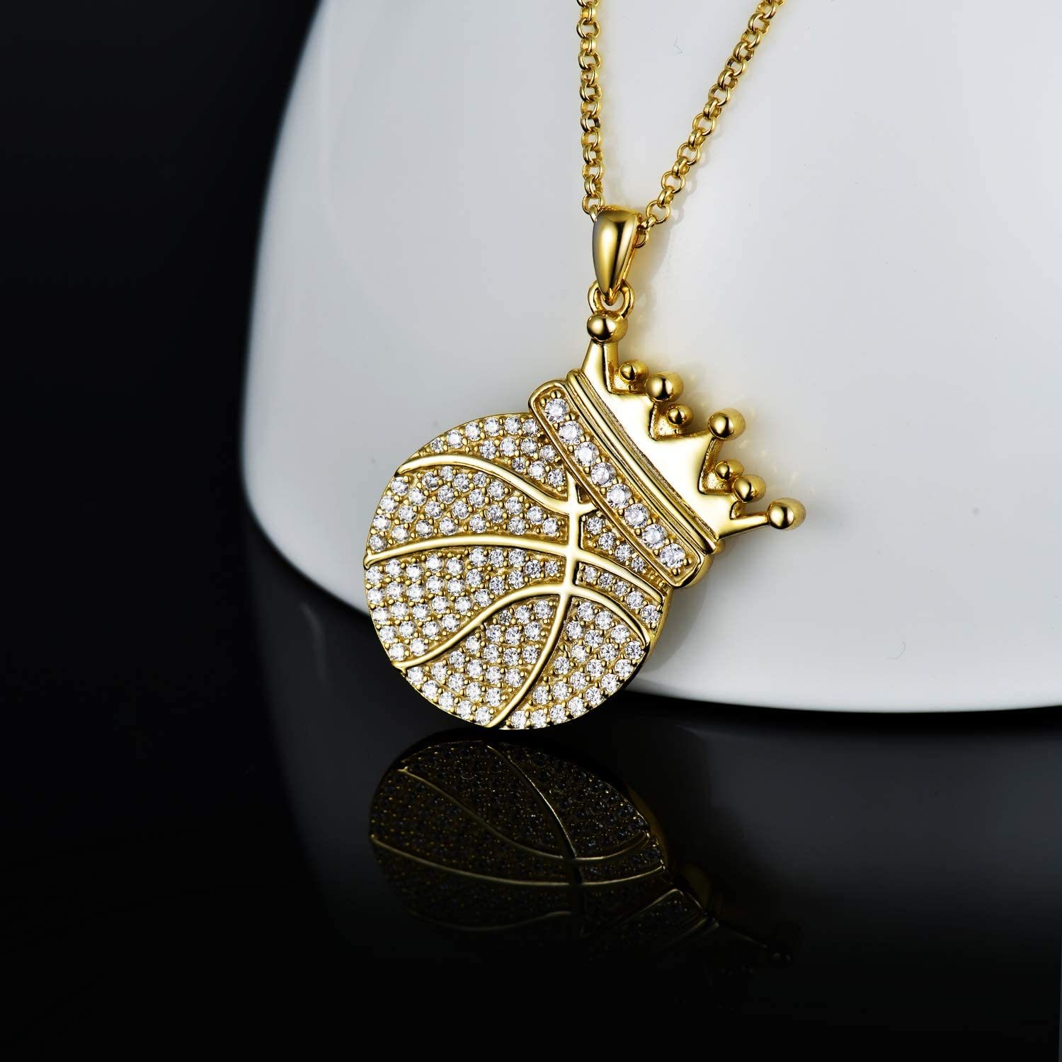 Crown Basketball Pendant Gold Plated Necklace Hip Hop Sport Style for Boy Men-silviax