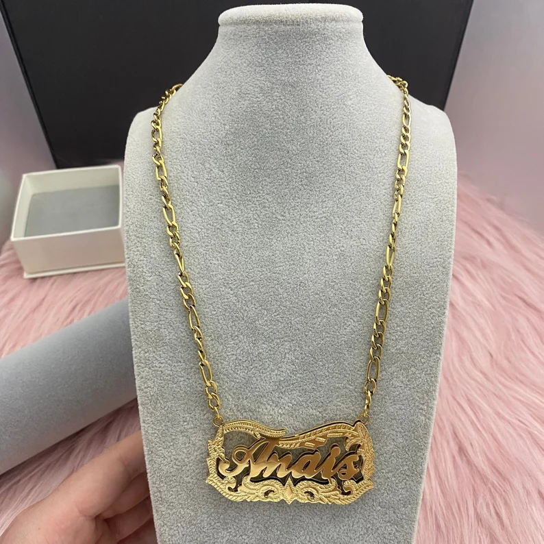 Custom Double Layer Diamond Cut 3D Name Necklace Gold Plate-silviax