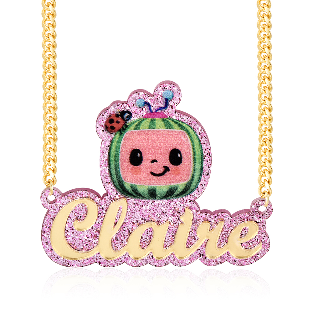 Pink Acrylic Cute Watermelon Nameplate Jewelry Set Personalized Name Necklace and Bamboo Earrings-silviax